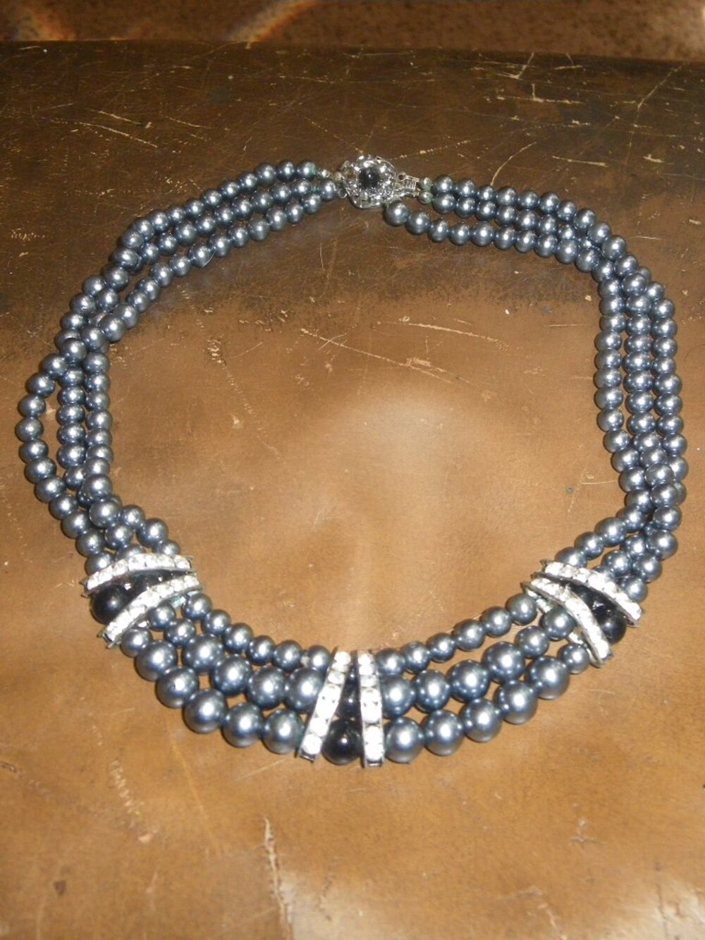 Vintage Women’s Triple Stranded Faux Black Pearl Statement Necklace